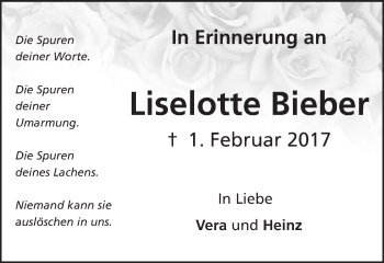 Traueranzeige von Liselotte Bieber von Amtsblatt_Oko