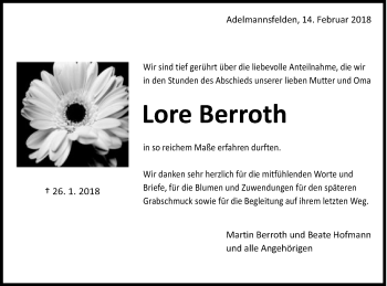 Traueranzeige von Lore Berroth von Schwäbische Post