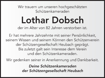 Traueranzeige von Lothar Dobsch von Gmünder Tagespost
