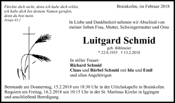 Traueranzeige von Luitgard Schmid von Gmünder Tagespost