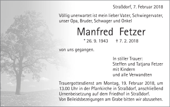 Traueranzeige von Manfred Fetzer von Gmünder Tagespost