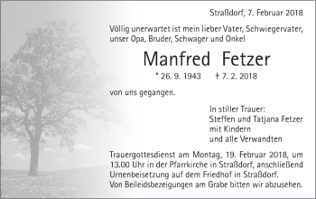 Traueranzeige von Manfred Fetzer