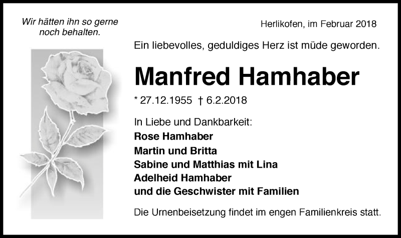  Traueranzeige für Manfred Hamhaber vom 09.02.2018 aus Gmünder Tagespost