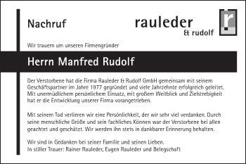 Traueranzeige von Manfred Rudolf von Gmünder Tagespost