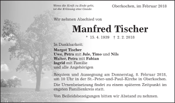 Traueranzeige von Manfred Tischer von Schwäbische Post