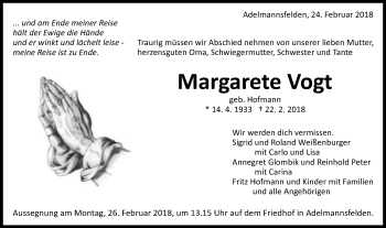 Traueranzeige von Margarete Vogt von Schwäbische Post