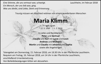Traueranzeige von Maria Klimm von Schwäbische Post