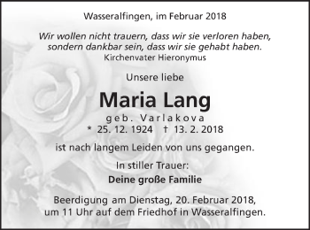 Traueranzeige von Maria Lang von Schwäbische Post