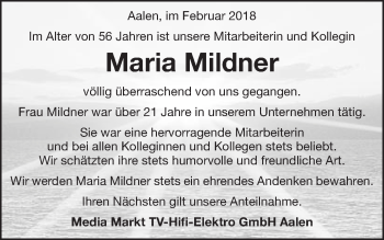Traueranzeige von Maria Mildner von Schwäbische Post