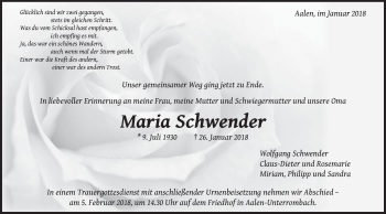 Traueranzeige von Maria Schwender von Schwäbische Post