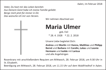 Traueranzeige von Maria Ulmer von Schwäbische Post