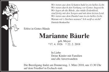 Traueranzeige von Marianne Bäurle von Gmünder Tagespost