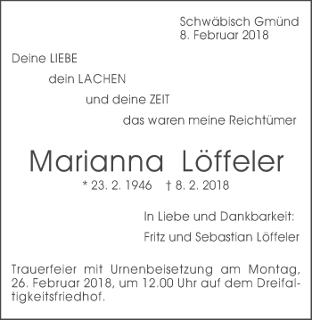Traueranzeige von Marianne Löffler von Gmünder Tagespost