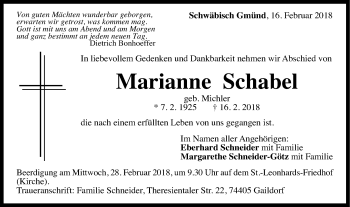 Traueranzeige von Marianne Schabel von Gmünder Tagespost