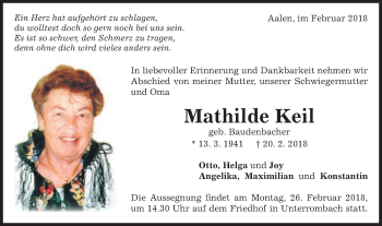 Traueranzeige von Mathilde Keil von Schwäbische Post