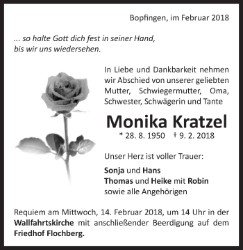 Traueranzeige von Monika Kratzel von Schwäbische Post
