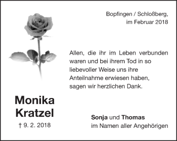 Traueranzeige von Monika Kratzel von Bopfinger Stadtanzeiger