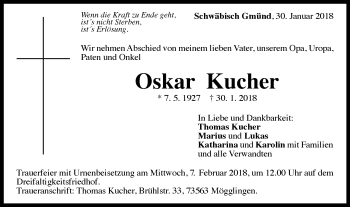 Traueranzeige von Oskar Kucher