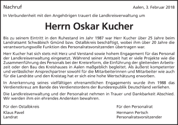 Traueranzeige von Oskar Kucher von Schwäbische Post