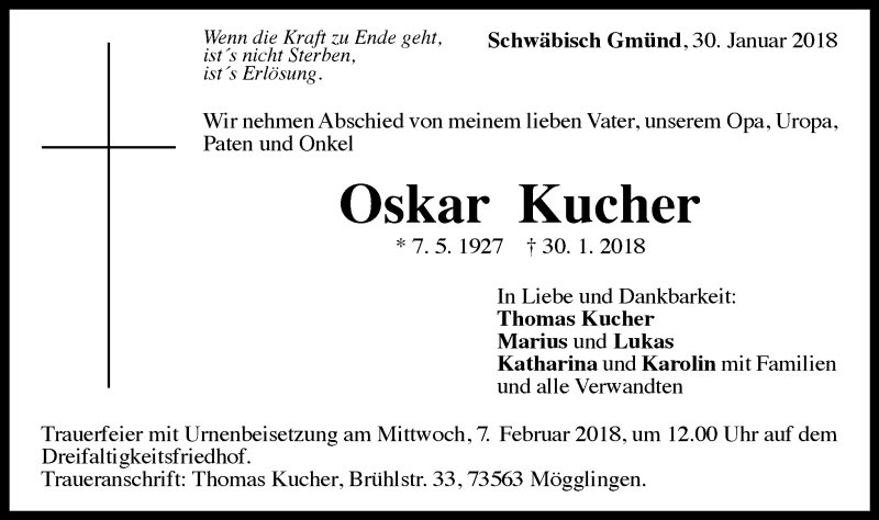  Traueranzeige für Oskar Kucher vom 02.02.2018 aus Gmünder Tagespost
