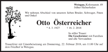 Traueranzeige von Otto Osterreicher von Gmünder Tagespost