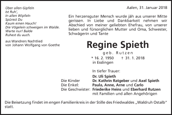 Traueranzeige von Regine Spieth von Schwäbische Post