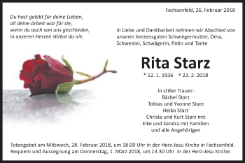Traueranzeige von Rita Starz von Schwäbische Post