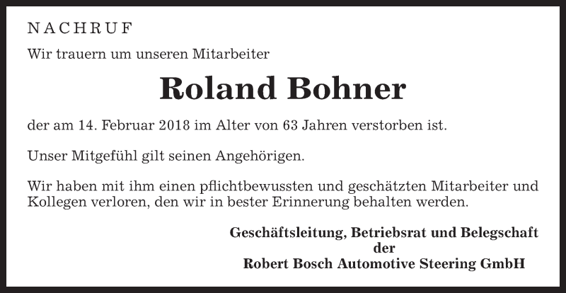  Traueranzeige für Roland Bohner vom 26.02.2018 aus Gmünder Tagespost