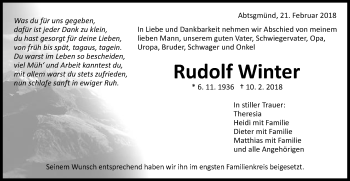 Traueranzeige von Rudolf Winter von Schwäbische Post
