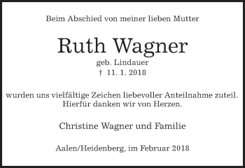 Traueranzeige von Ruth Wagner von Schwäbische Post