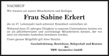 Traueranzeige von Sabine Erkert von Gmünder Tagespost