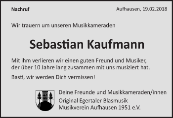 Traueranzeige von Sebastian Kaufmann von Schwäbische Post