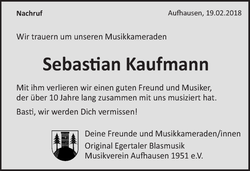  Traueranzeige für Sebastian Kaufmann vom 19.02.2018 aus Schwäbische Post