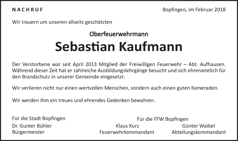  Traueranzeige für Sebastian Kaufmann vom 23.02.2018 aus Bopfinger Stadtanzeiger