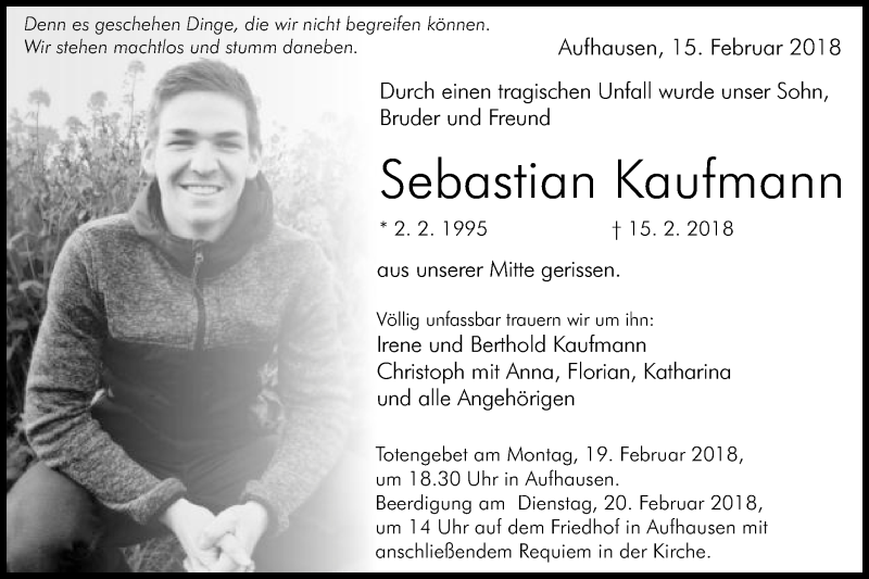  Traueranzeige für Sebastian Kaufmann vom 17.02.2018 aus Schwäbische Post