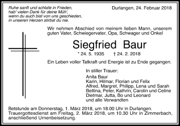 Traueranzeige von Siegfried Baur von Gmünder Tagespost