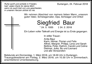 Traueranzeige von Siegfried Baur