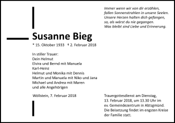Traueranzeige von Susanne Bieg von Schwäbische Post