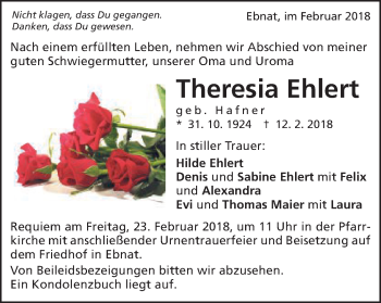 Traueranzeige von Theresia Ehlert von Schwäbische Post