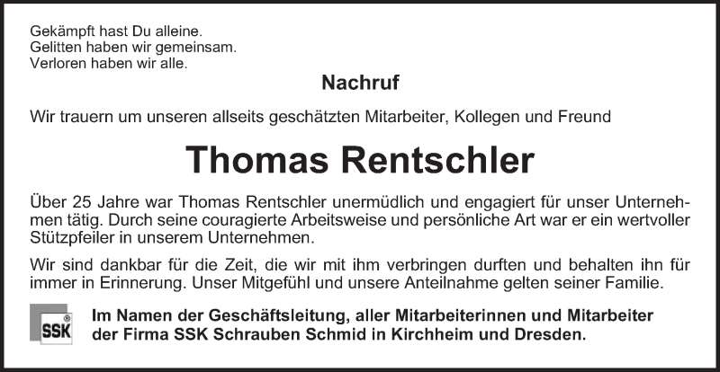  Traueranzeige für Thomas Rentschler vom 01.02.2018 aus Schwäbische Post