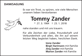 Traueranzeige von Tommy Zander von Schwäbische Post