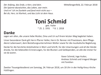 Traueranzeige von Toni Schmid von Schwäbische Post