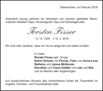 Traueranzeige von Torsten Fisser von Schwäbische Post