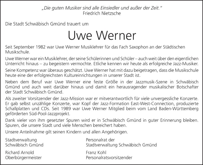  Traueranzeige für Uwe Werner vom 20.02.2018 aus Gmünder Tagespost