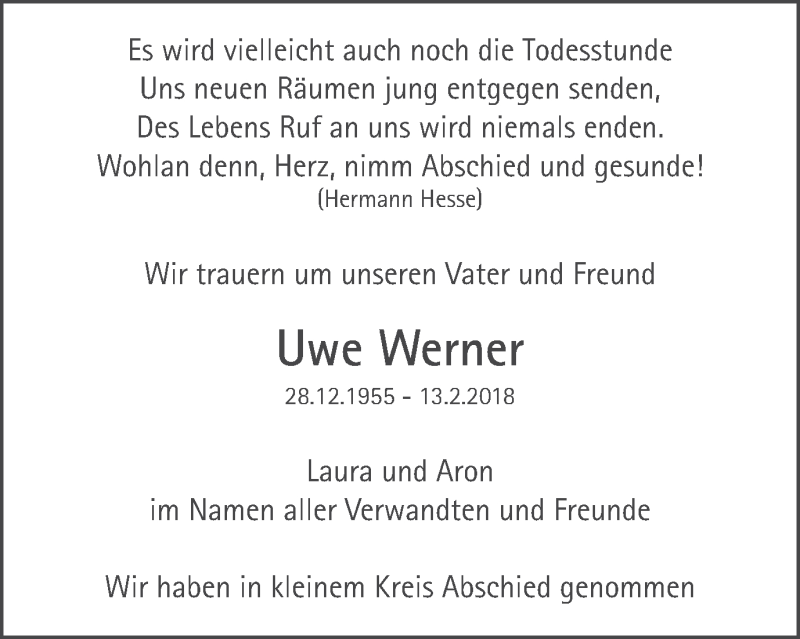  Traueranzeige für Uwe Werner vom 20.02.2018 aus Gmünder Tagespost