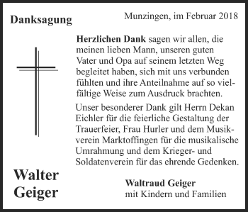 Traueranzeige von Walter Geiger von Schwäbische Post
