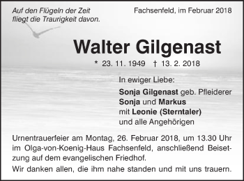 Traueranzeige von Walter Gilgenast von Schwäbische Post