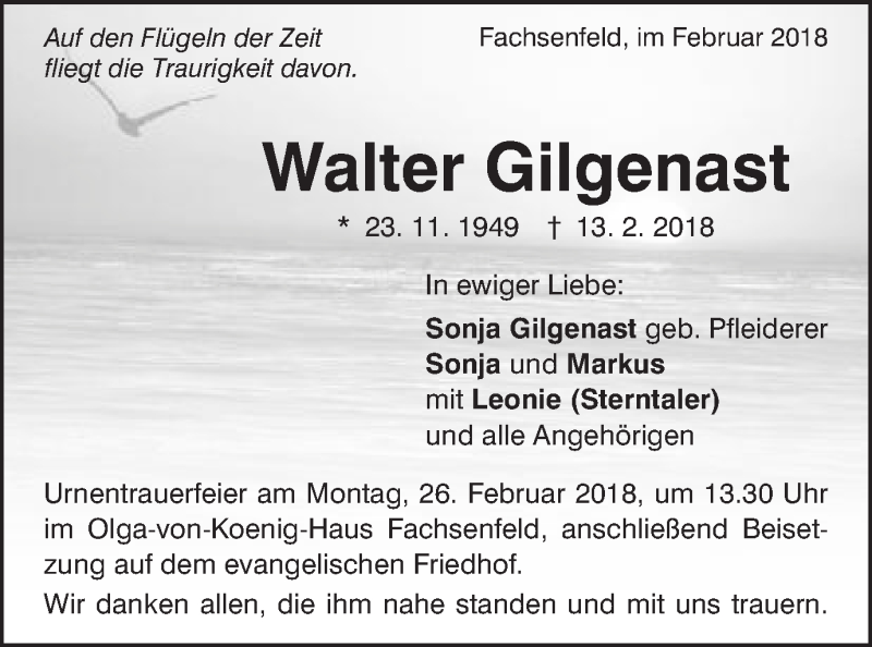  Traueranzeige für Walter Gilgenast vom 23.02.2018 aus Schwäbische Post