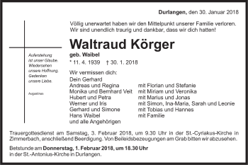 Traueranzeige von Waltraud Körger von Gmünder Tagespost