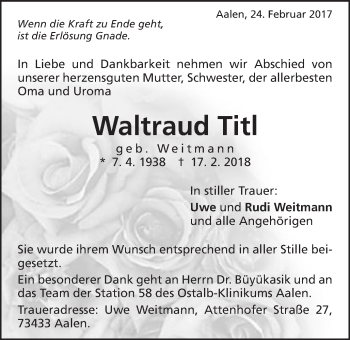 Traueranzeige von Waltraud Titl von Schwäbische Post